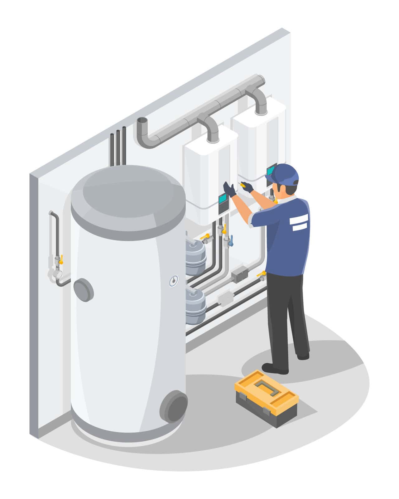 technician-or-plumber-on-gas-boiler-water-heater-install-toms-plumbing water heaters, water heater repair services